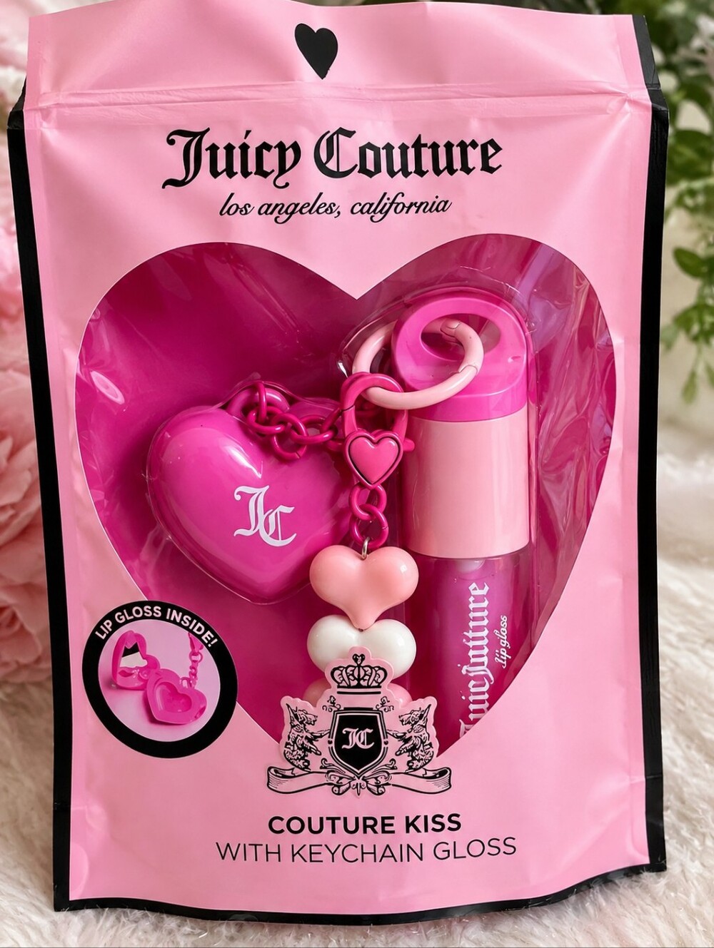 Juicy Couture Couture Kiss Lip Oil Gloss Keychain Heart Charm Set Pink Kawaii
